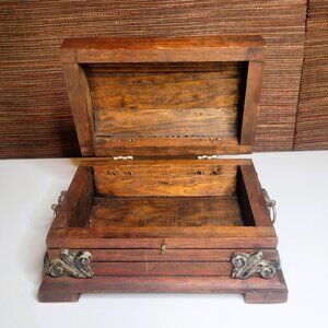 Vintage Rustic Wooden Jewelry Trinket Box–Footed Chest with Ornate Metal Accents